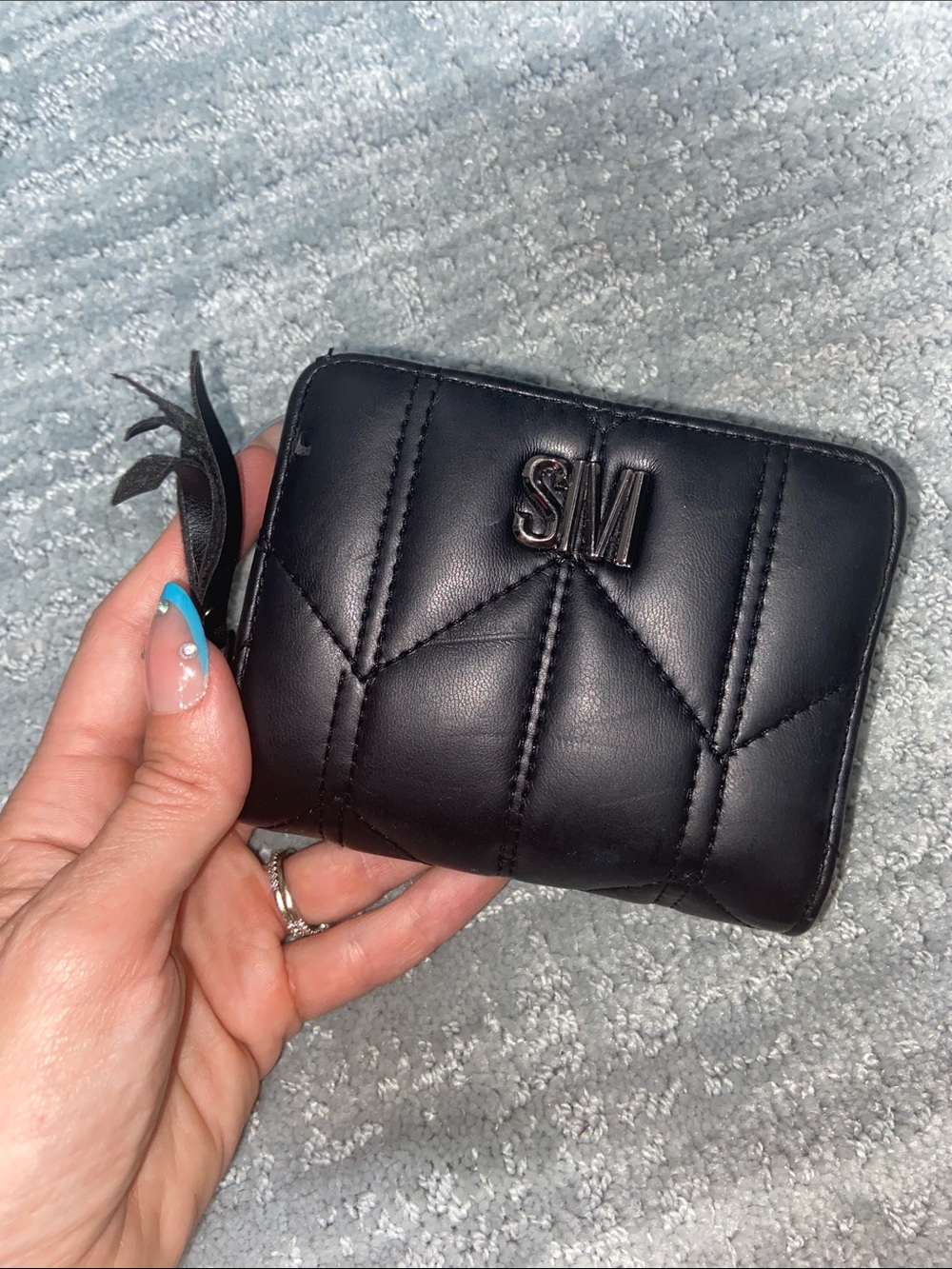Steve Madden Black Quilted Mini Wallet with Metal Logo